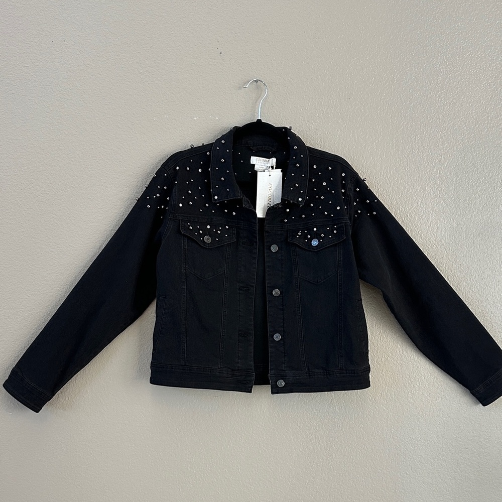 Cocobleu New York black denim embellished jacket size Large rhinestone stud